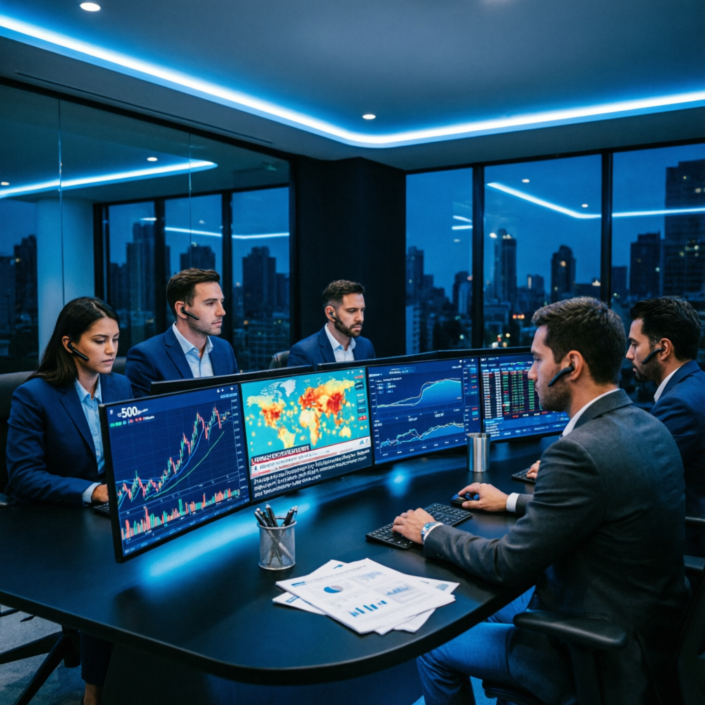 Professional prop firm trading team analyzing markets in modern trading office with multiple screens