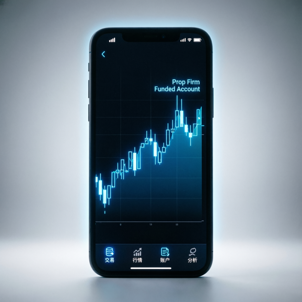 Mobile trading interface showing prop firm funded account with candlestick charts on smartphone