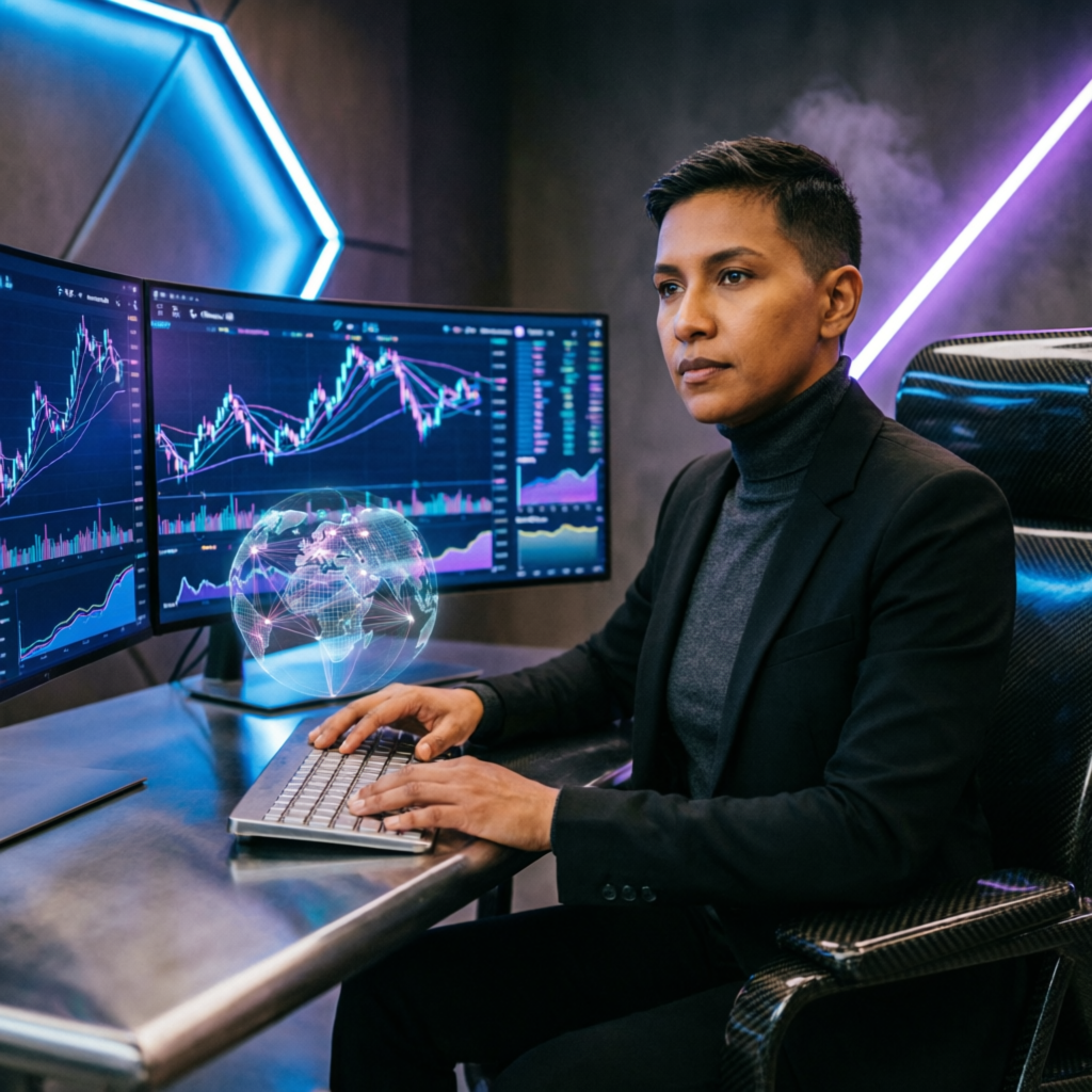 Professional forex trader analyzing Topstep evaluation process on multiple screens with AI-powered trading tools