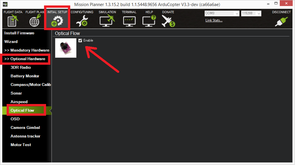 Mission Planner Optical Flow настройка