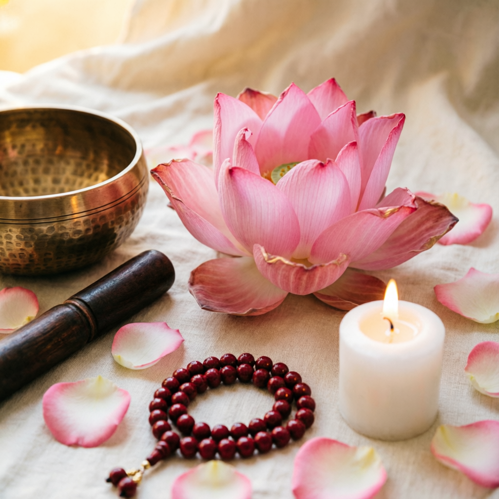 Special life coaching offer in Dwarka Delhi – lotus, singing bowl and candle for healing sessions