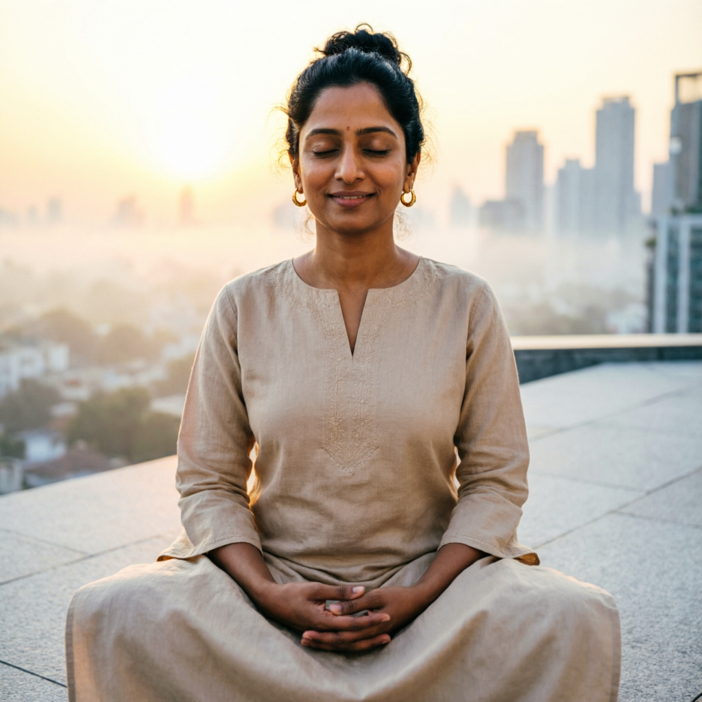 Best life coach in Dwarka Delhi – Rakhi Sinha Khanna meditating peacefully at sunrise for mind and emotional wellness