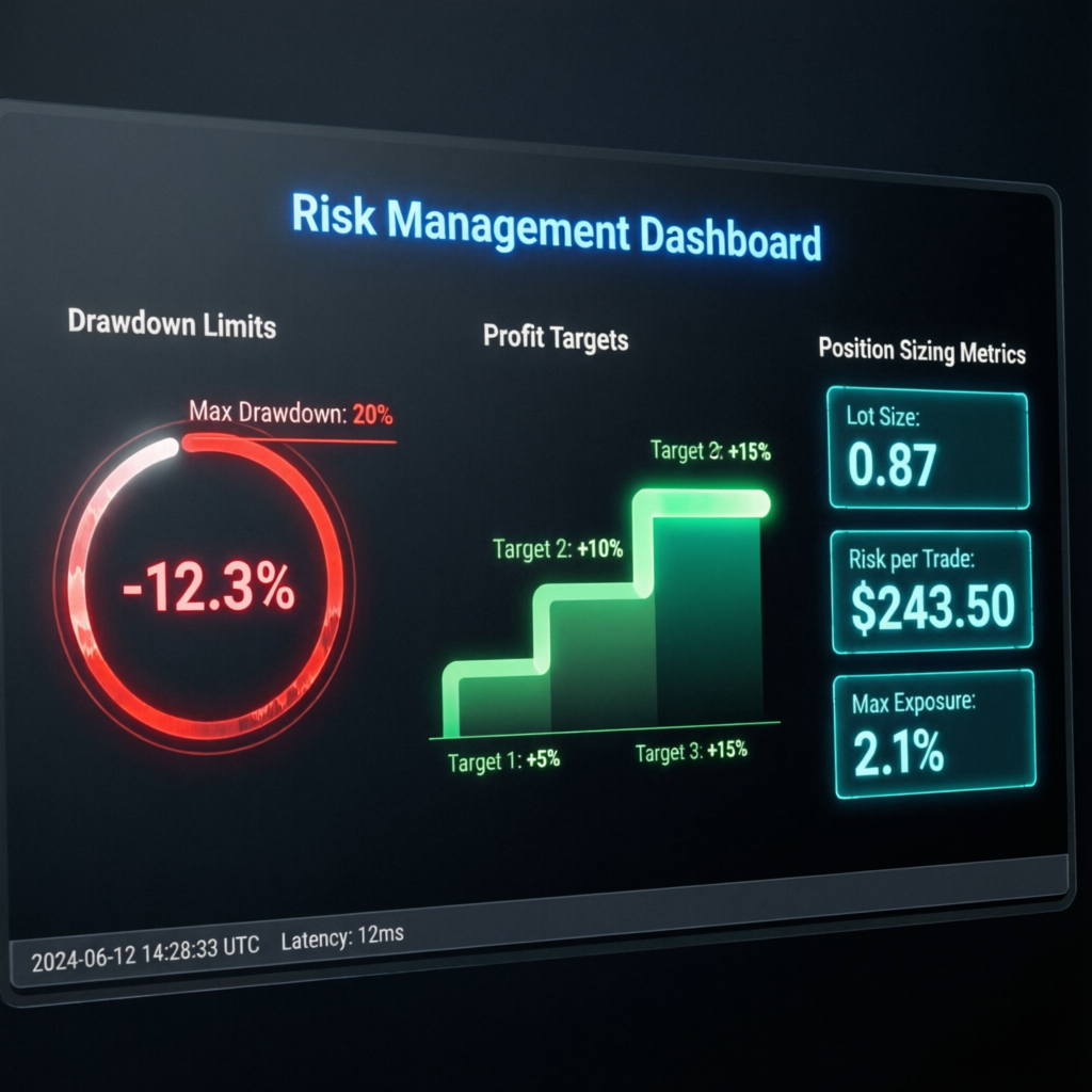 Risk management dashboard showing drawdown limits, profit targets, and position sizing metrics for prop firm trading