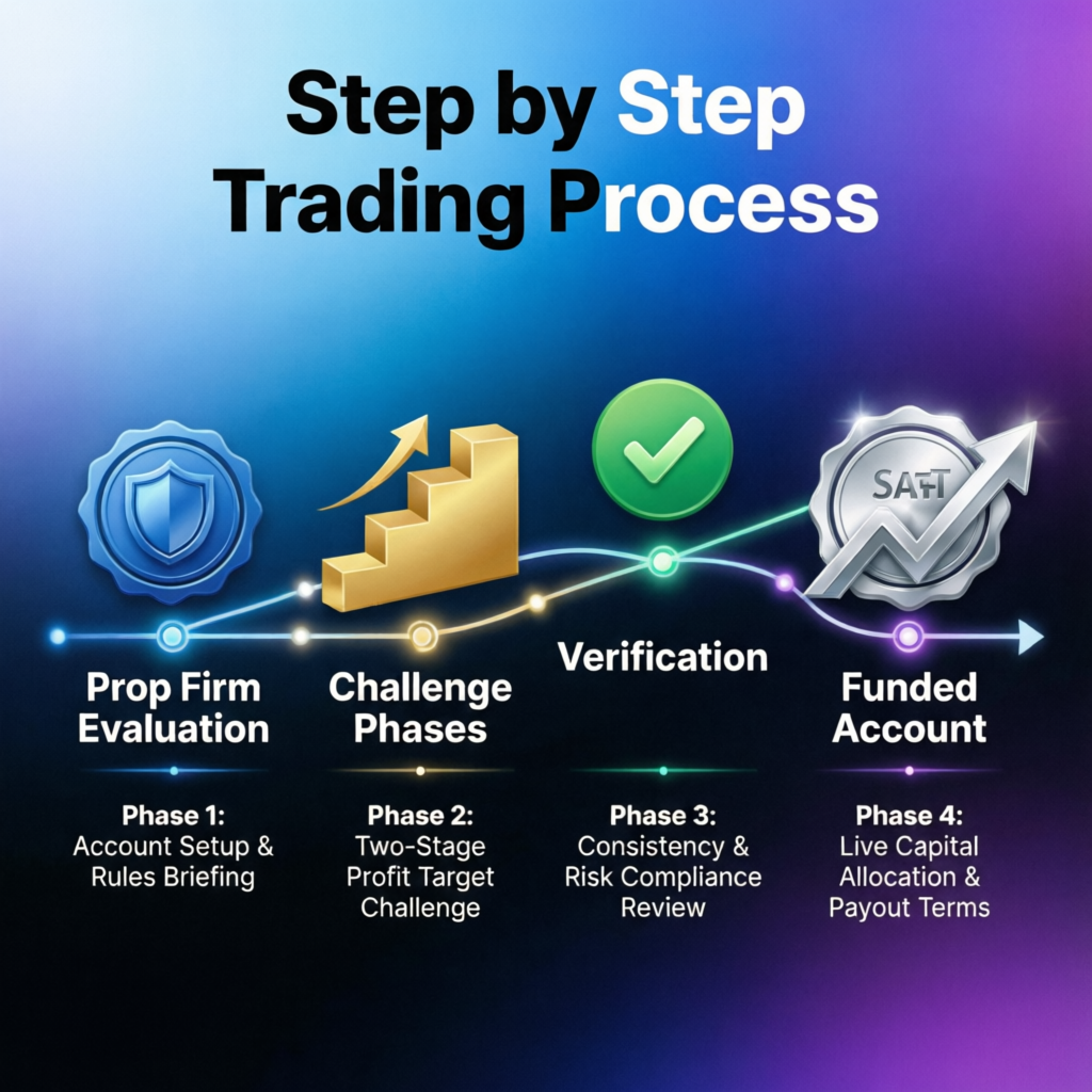 Step by step trading process infographic showing prop firm evaluation phases from setup to funded account