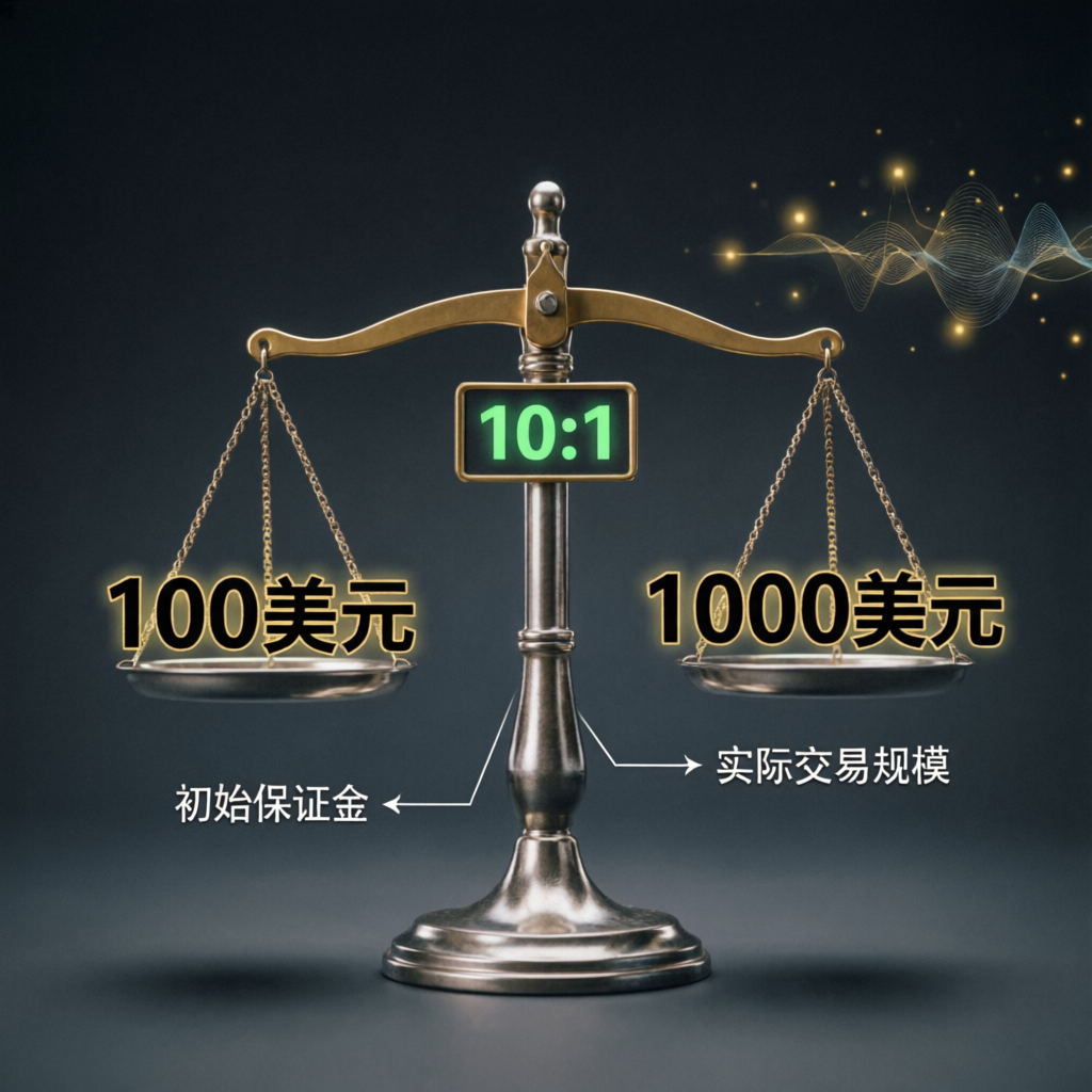 Leverage illustration showing 10:1 ratio with margin and trading size comparison