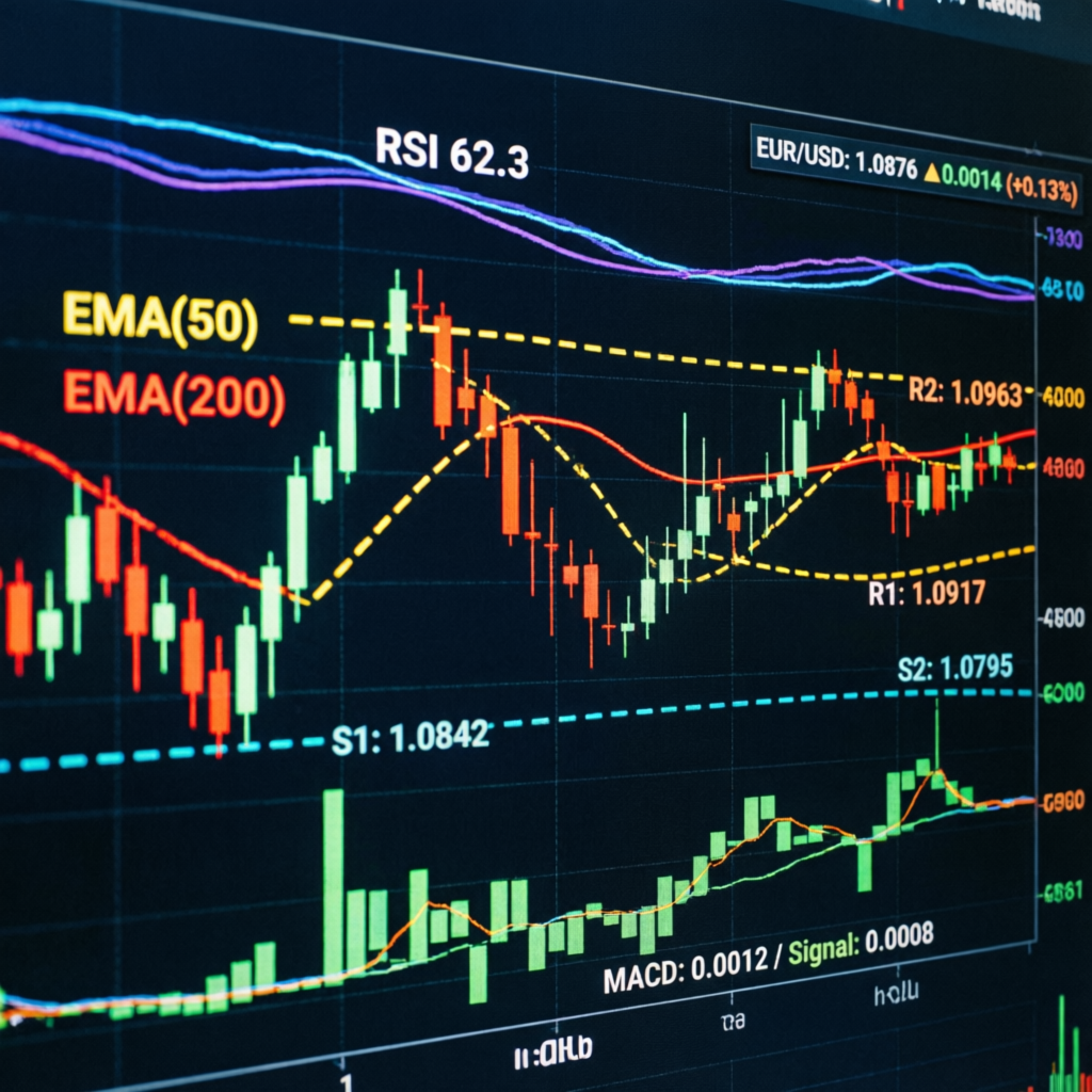 Forex chart showing EMA indicators, RSI, MACD and candlestick patterns for trend following strategy
