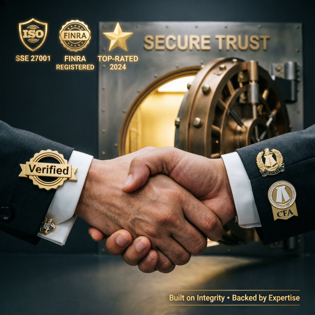 Trust and authority visualization showing verified badges, security credentials, and professional handshake for PFM Capitals