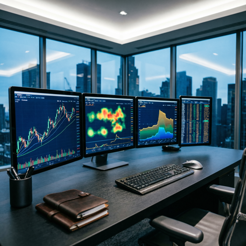 Professional forex trading desk with multiple monitors showing leverage trading charts - PFM Capitals