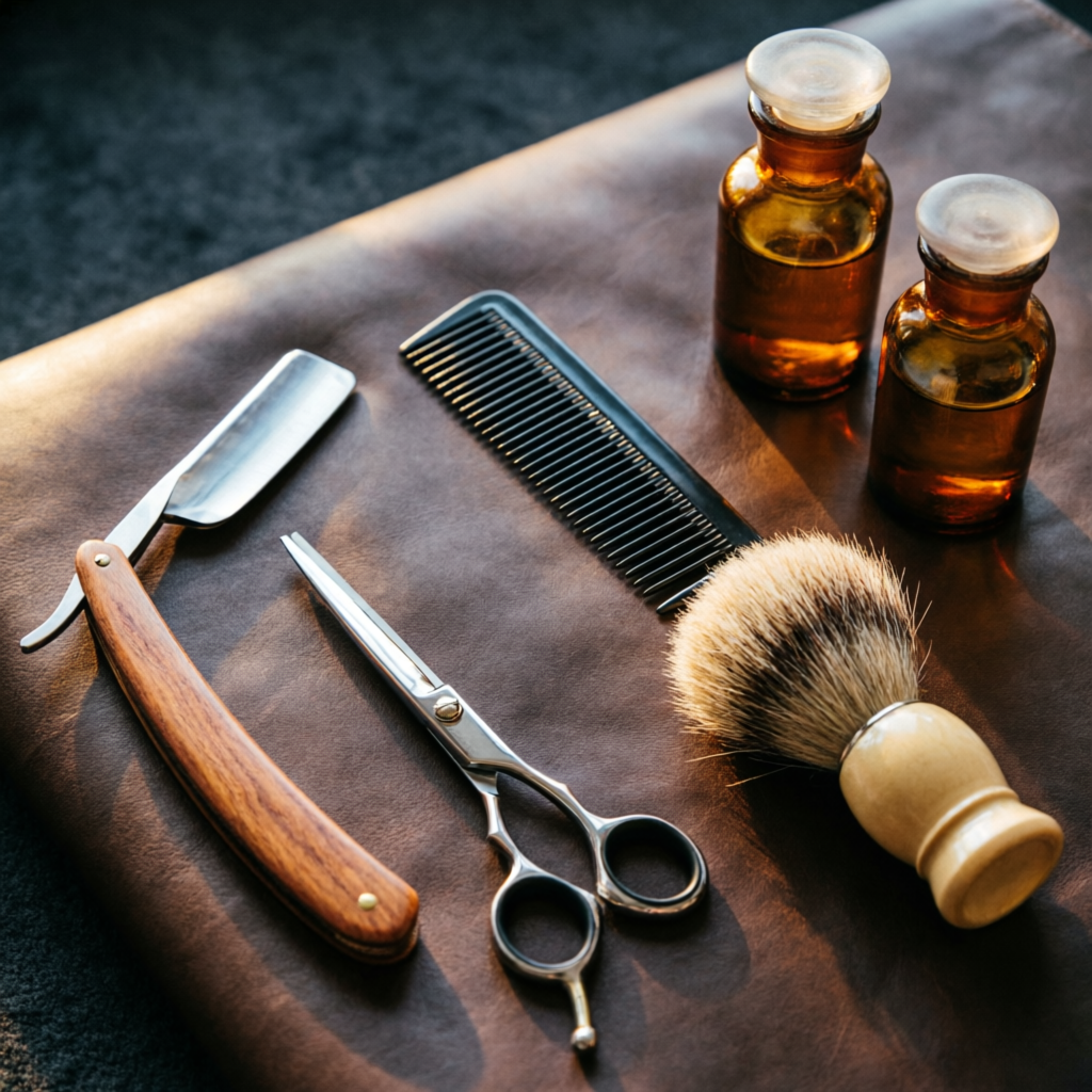 Barbier-Werkzeug auf Leder