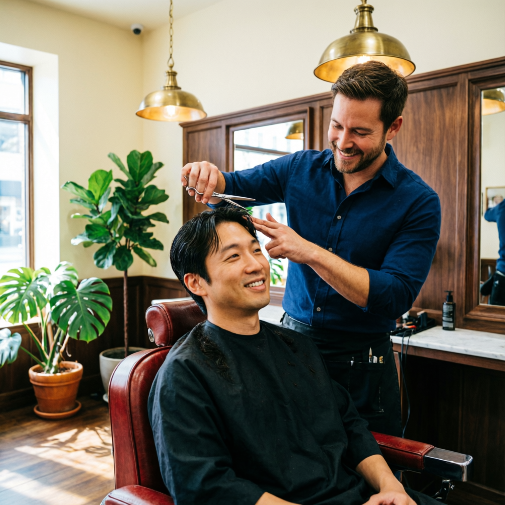 Barber schneidet entspanntem Kunden die Haare im warmen Studio