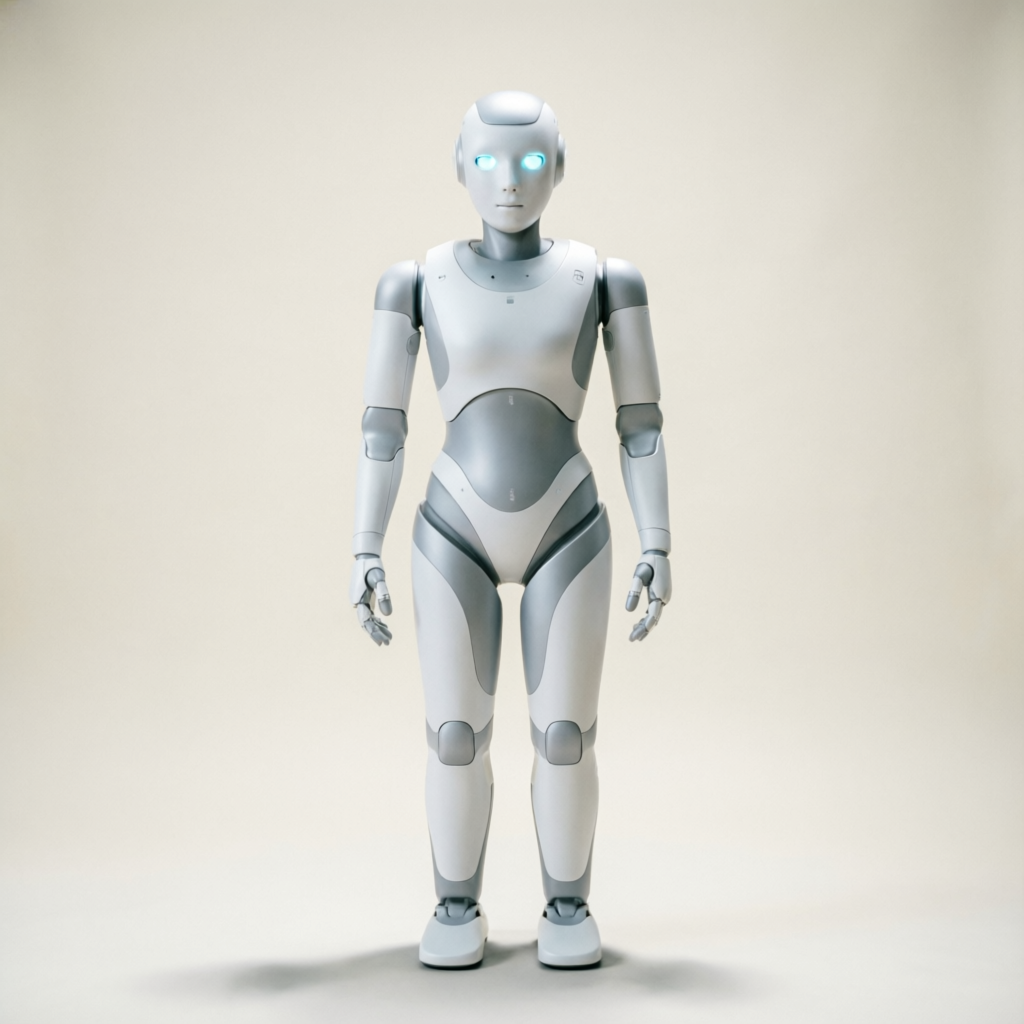 IRIS ONE humanoid research platform standing in a clean studio