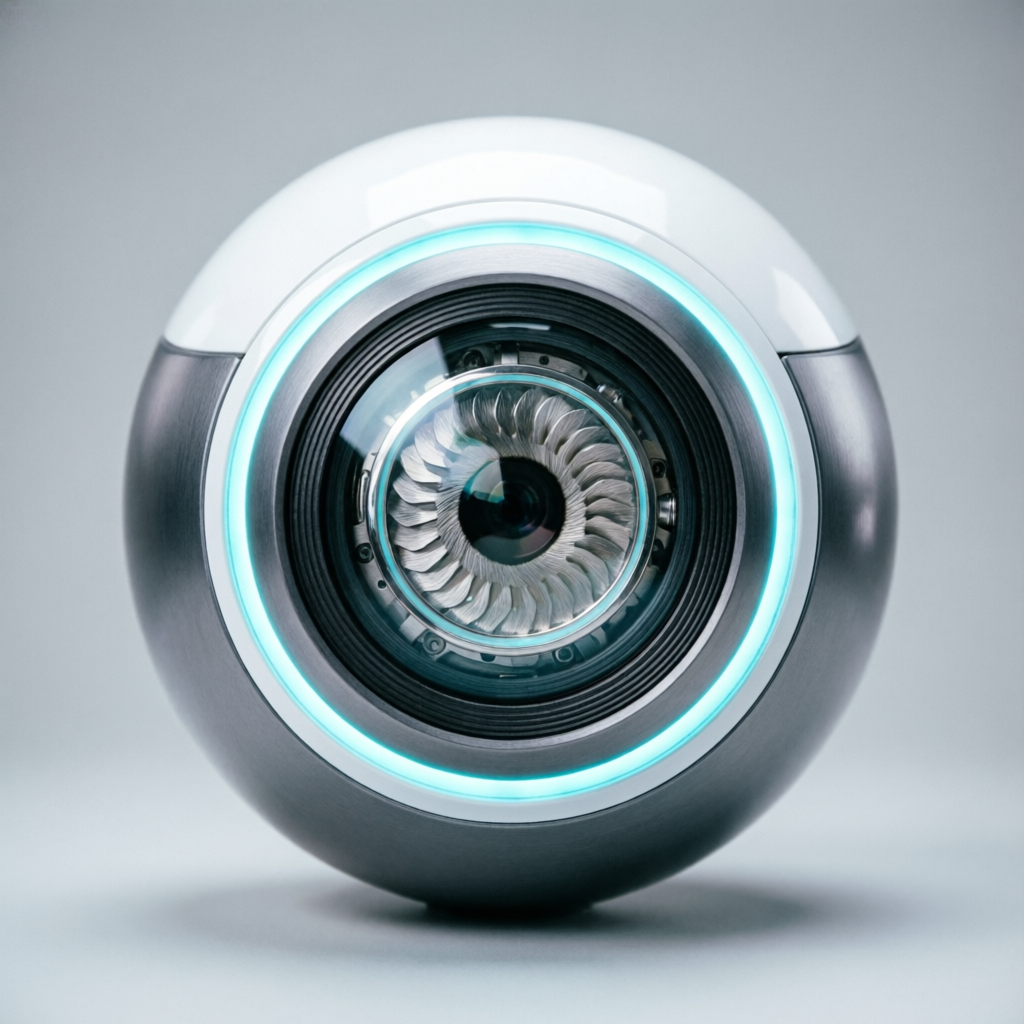 VIS-01 robotic eye with mechanical iris on a light studio background