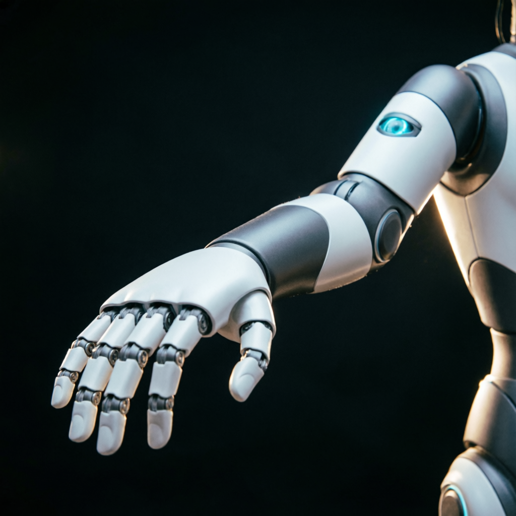 Humanoid robot arm reaching forward in dark studio light