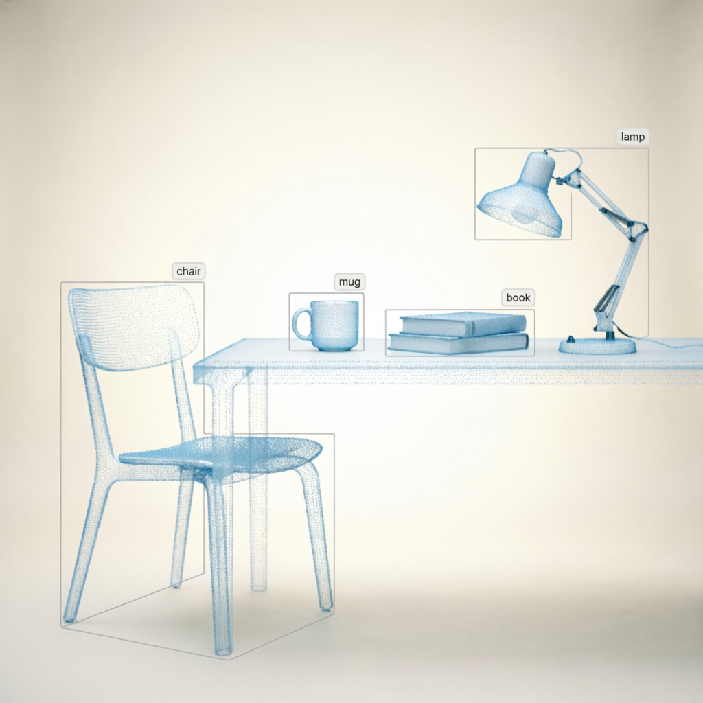 Perception visualization — objects detected as point clouds with labels
