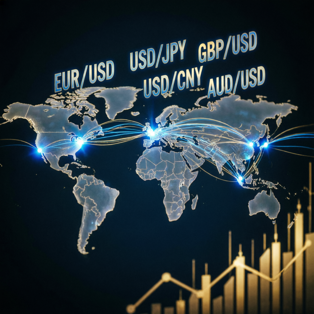 Global forex market with currency pairs and world map
