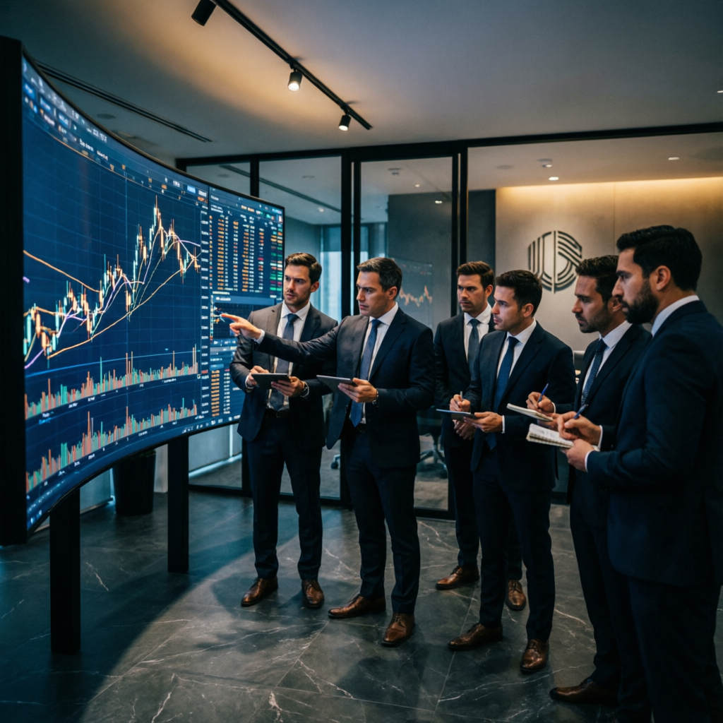 Elite prop firm trading team analyzing charts