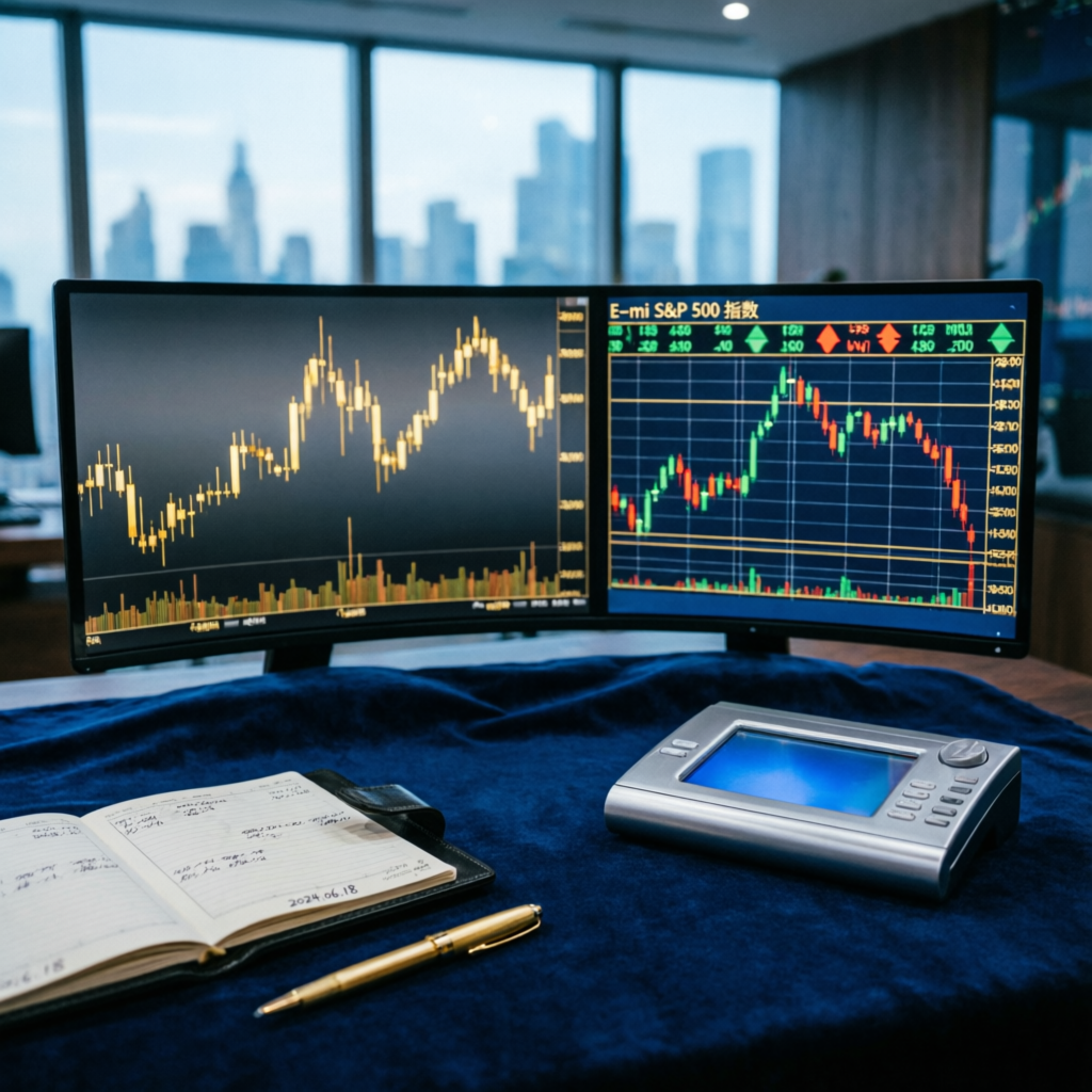 Professional futures trading desk with E-mini S&P 500 charts - Topstep Trading Combine
