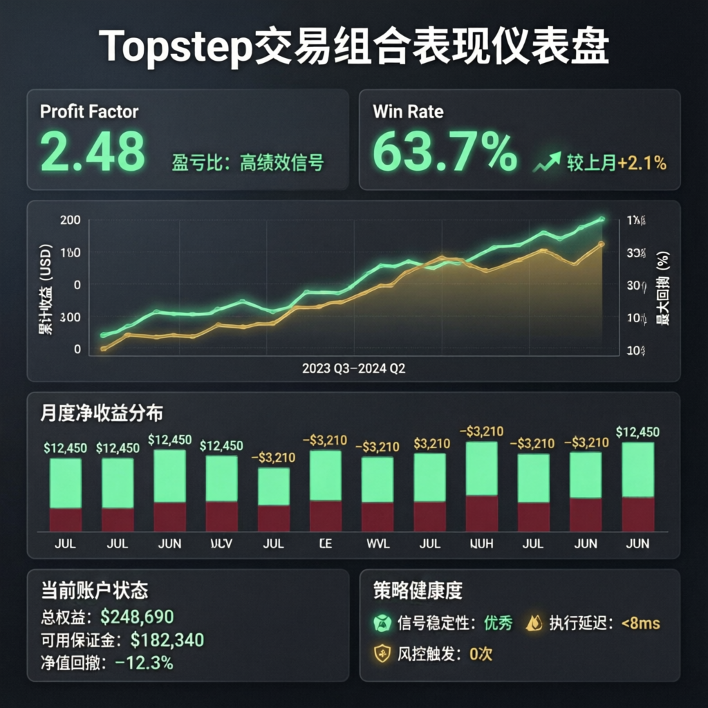 Topstep Trading Combine performance dashboard showing profit factor and win rate