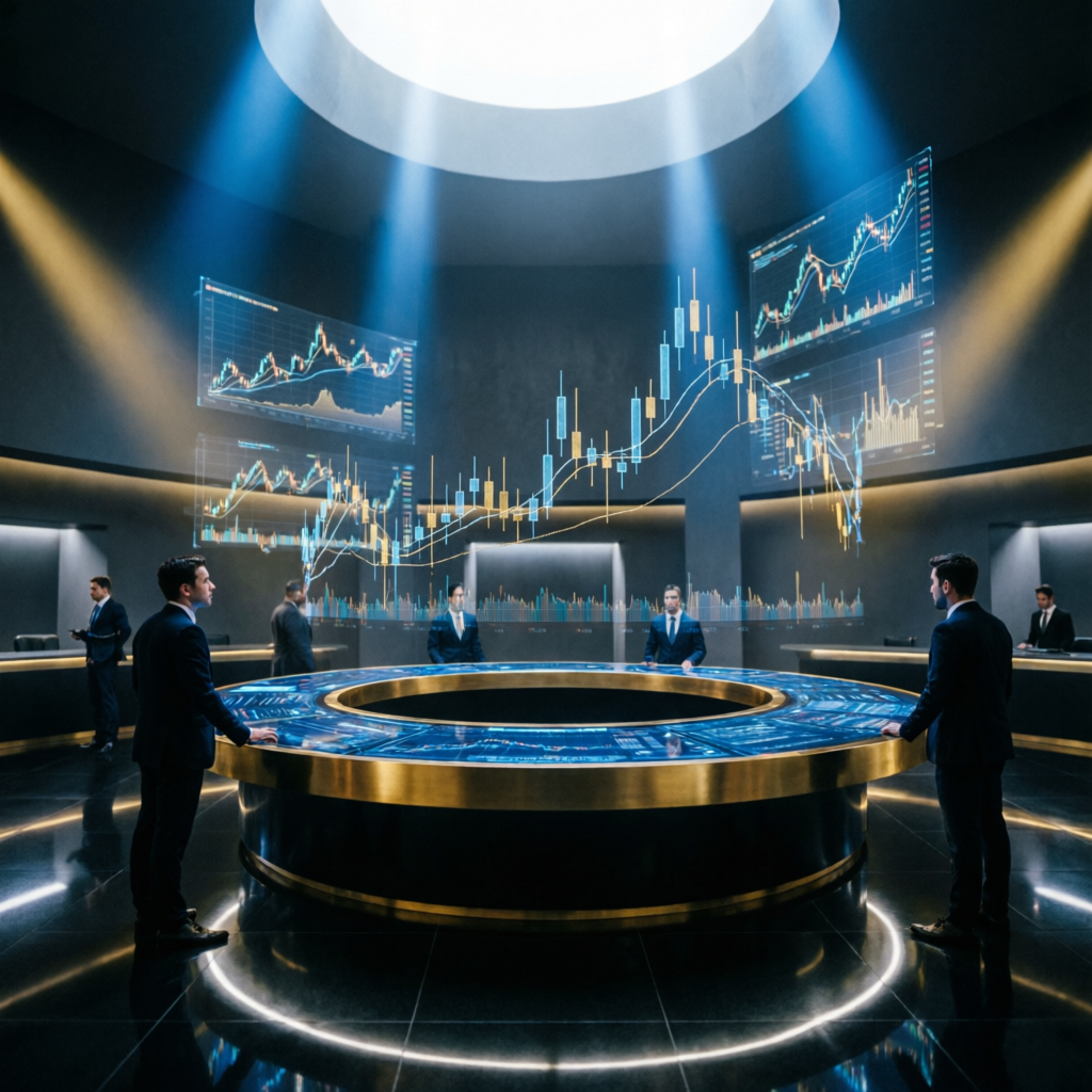 Professional trading floor with holographic financial charts - Topstep Trading Combine strategies