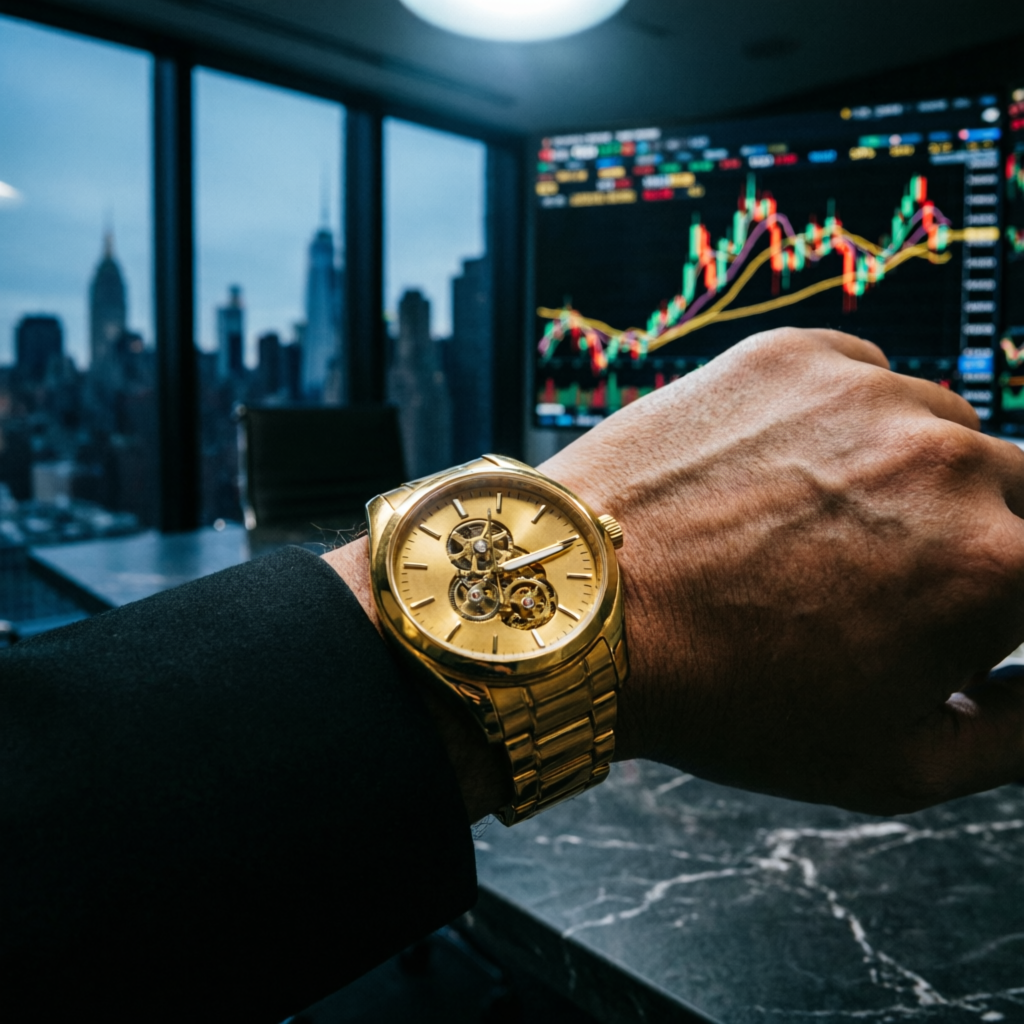 Luxury trading lifestyle with gold watch and trading charts