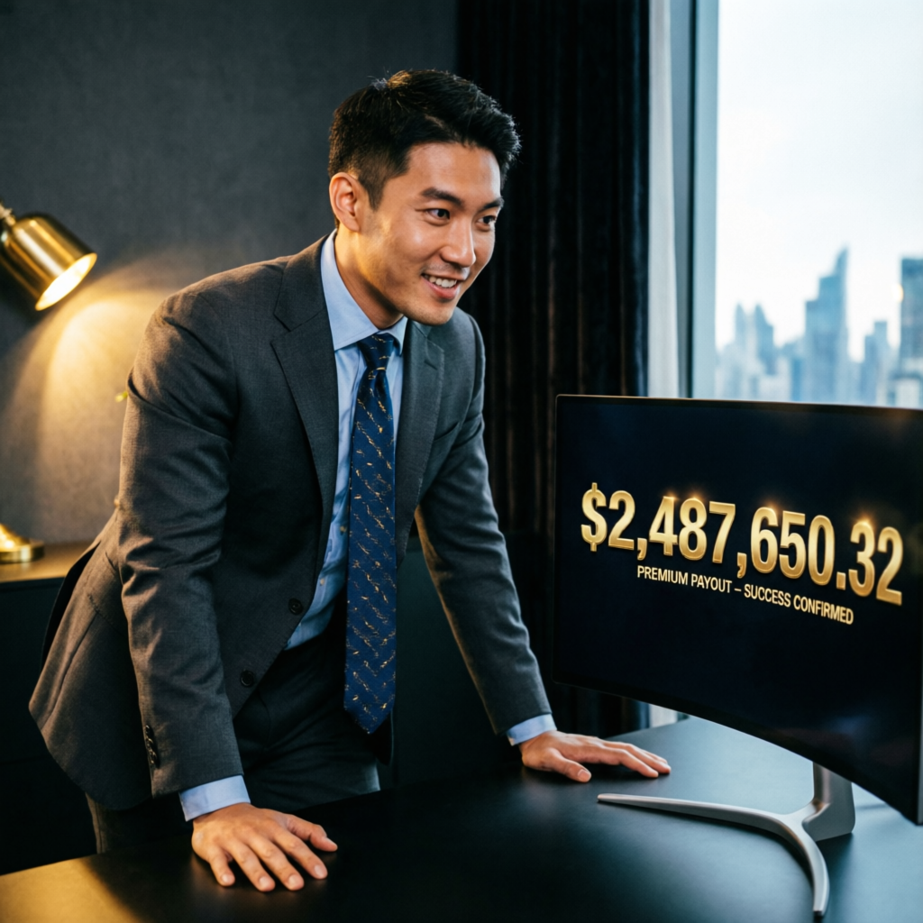 Trader celebrating premium payout success with profit display