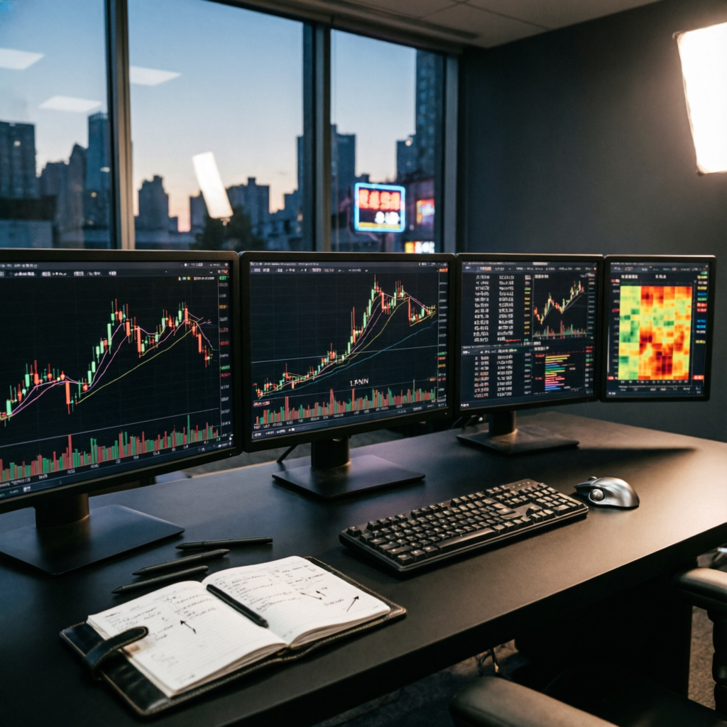 Professional trading desk with charts and analytics