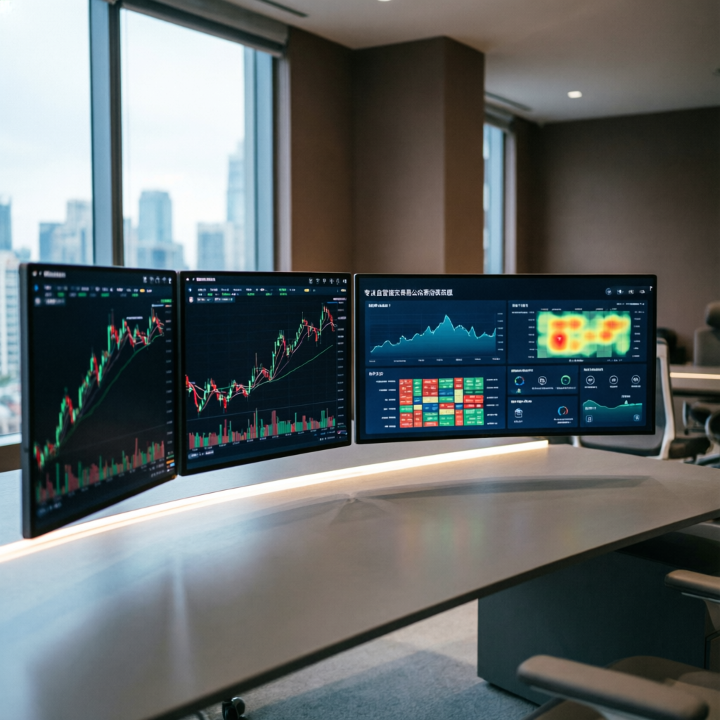 Modern trading desk setup with multiple monitors showing futures charts