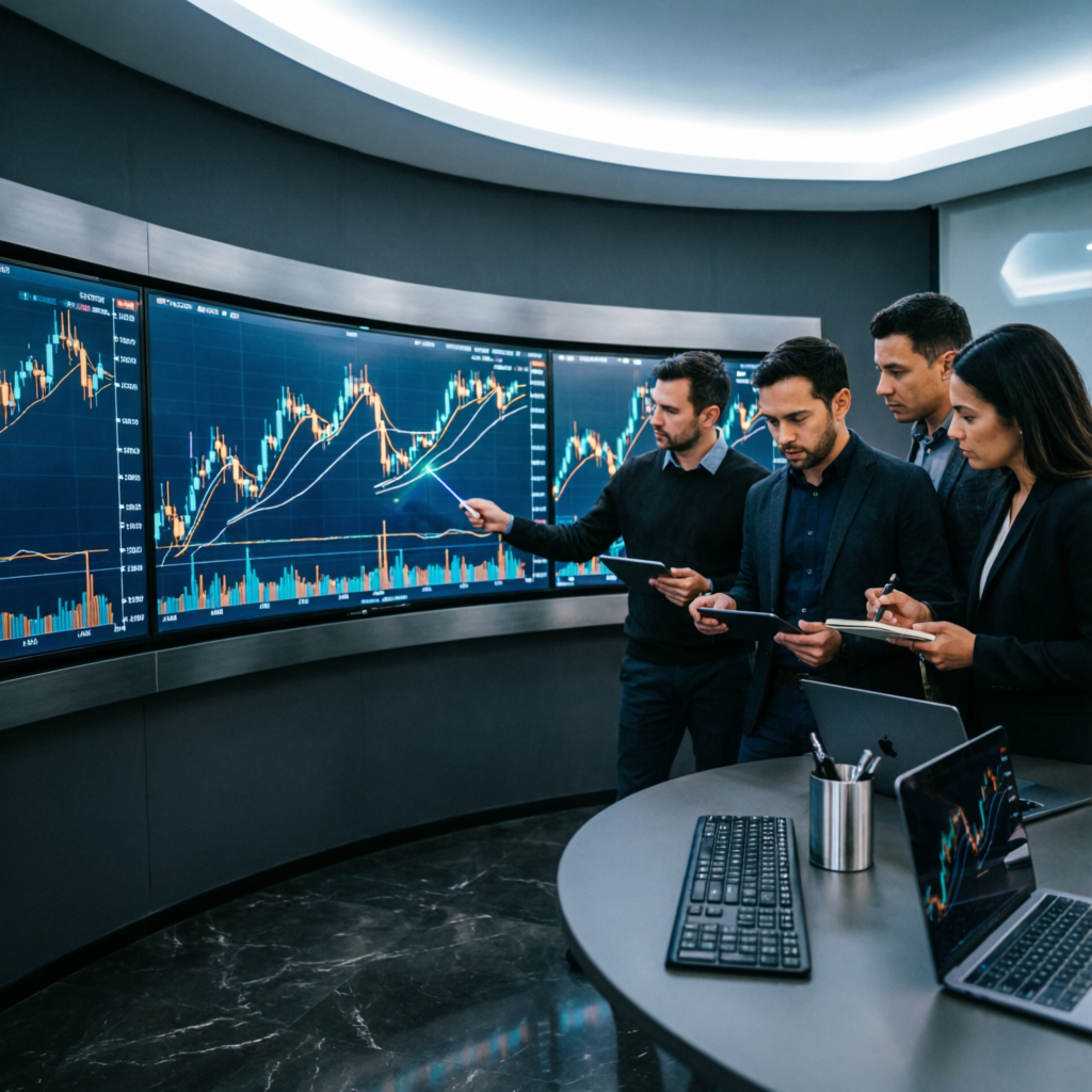 Professional trading team analyzing forex charts