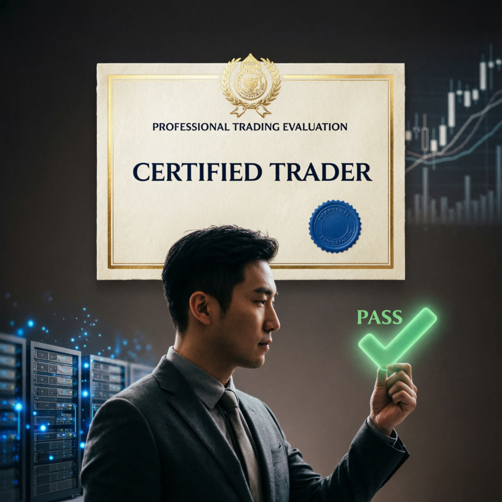 Certified trader passing prop firm evaluation challenge