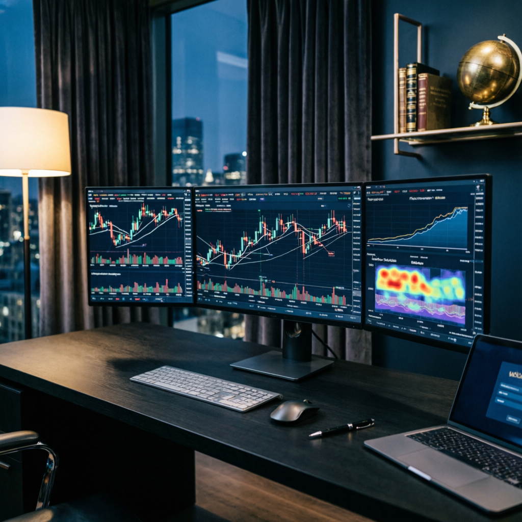 Professional forex trading setup with multiple monitors