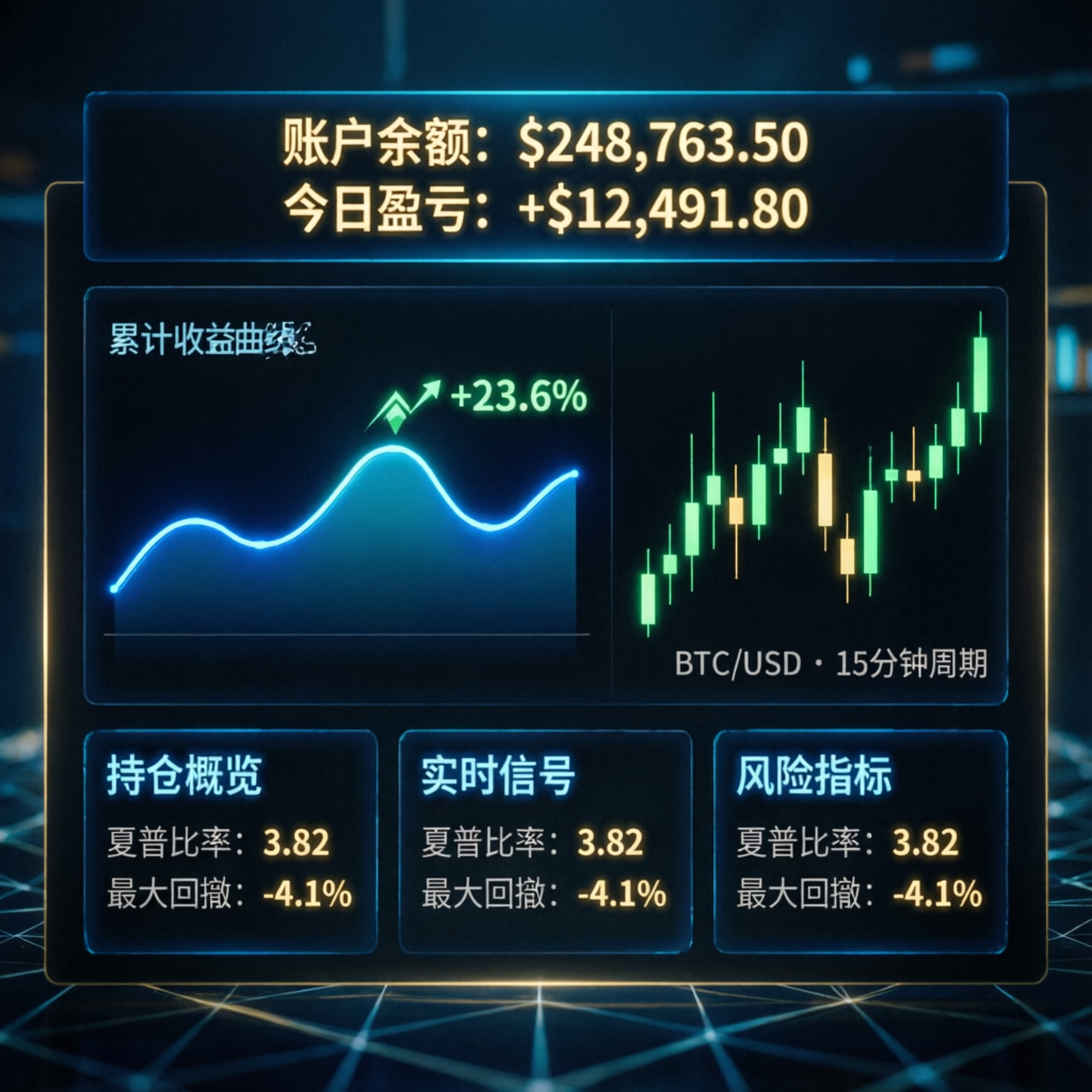 Professional trading dashboard showing profit growth and funded account balance