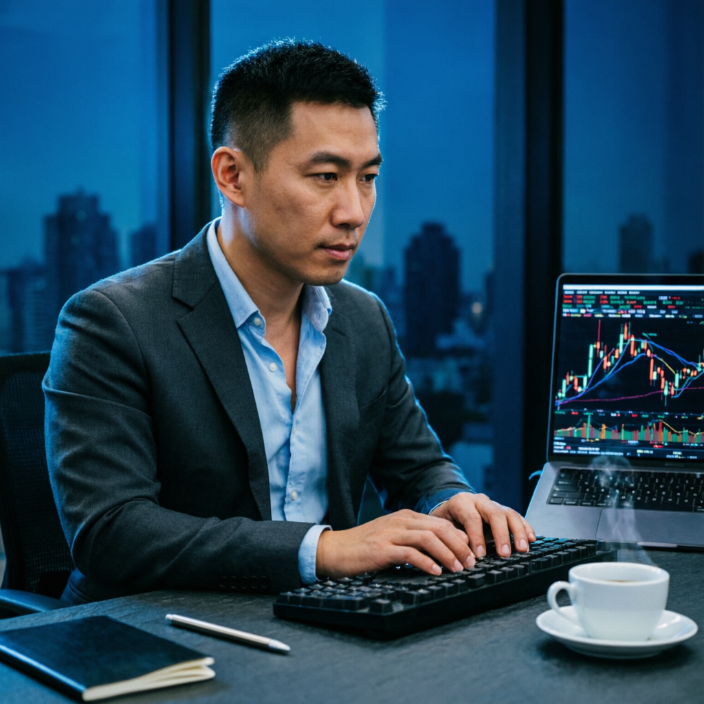 Professional trader analyzing forex charts on laptop