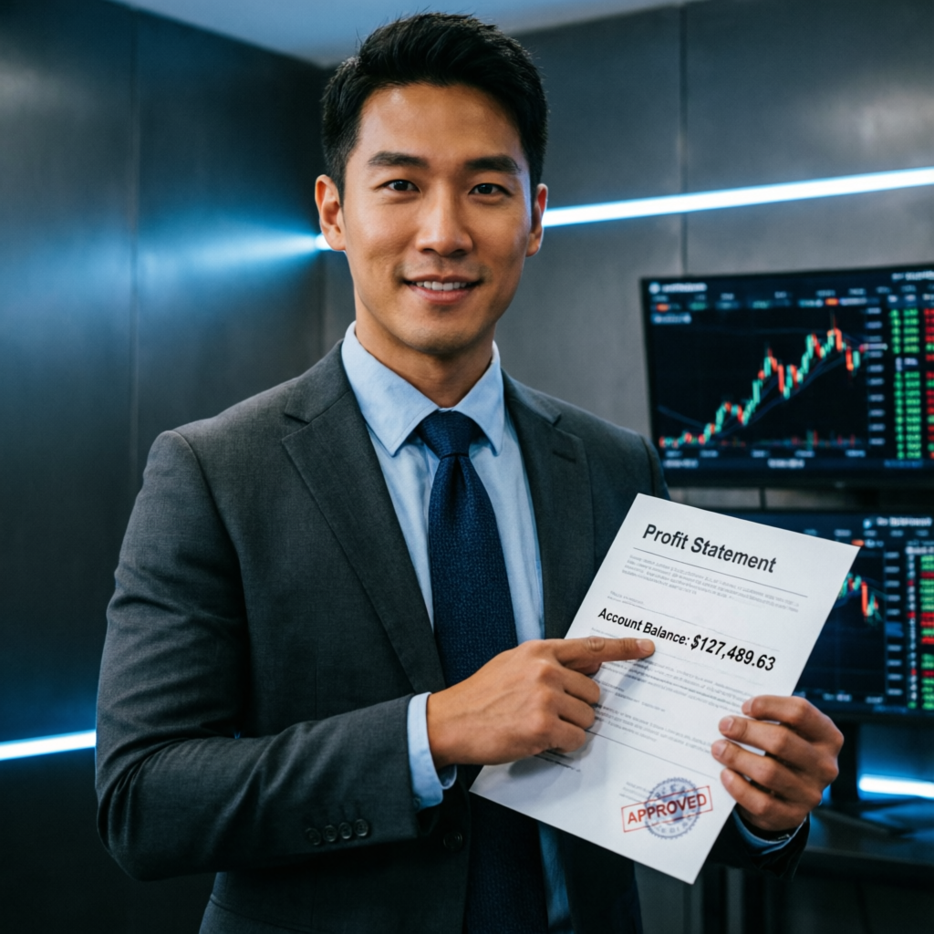 Trader holding approved profit statement showing funded account success