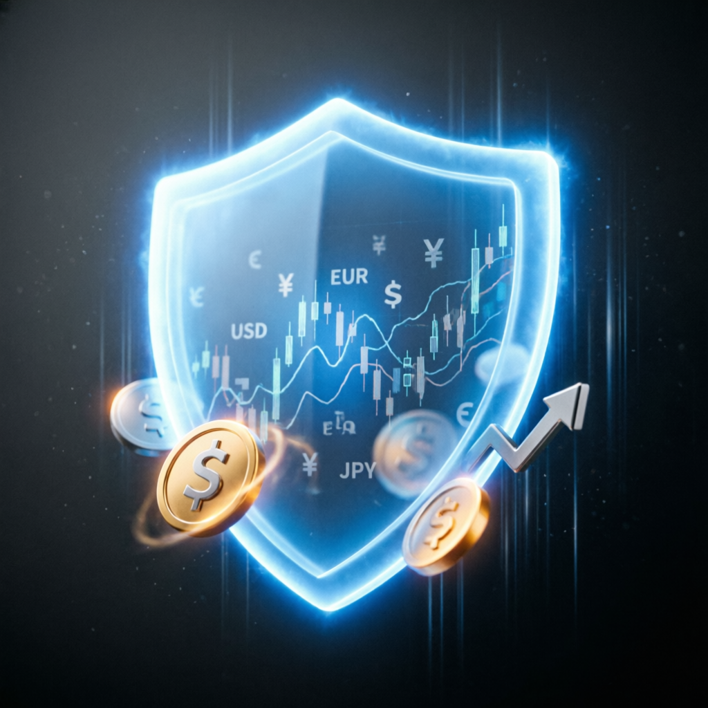 Risk management shield protecting forex trading assets