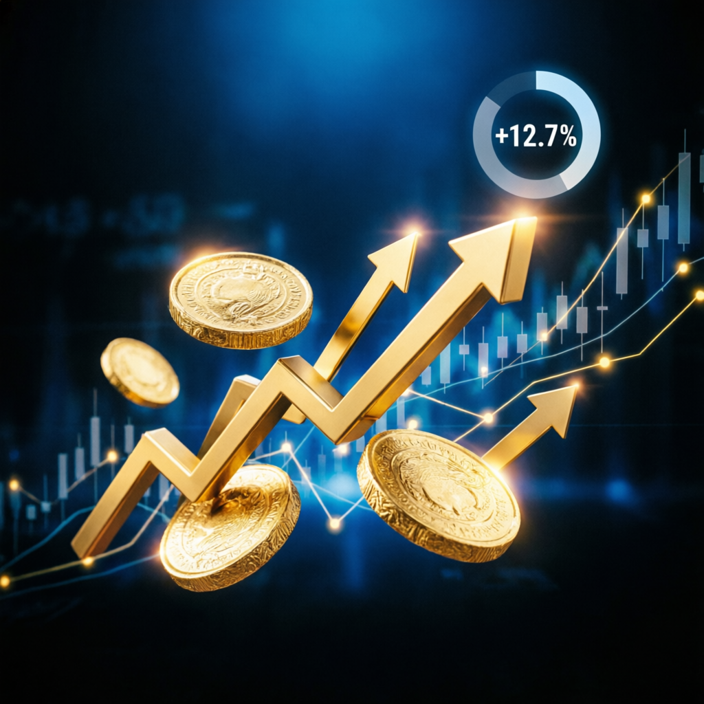 Financial growth concept with golden coins and upward trending charts