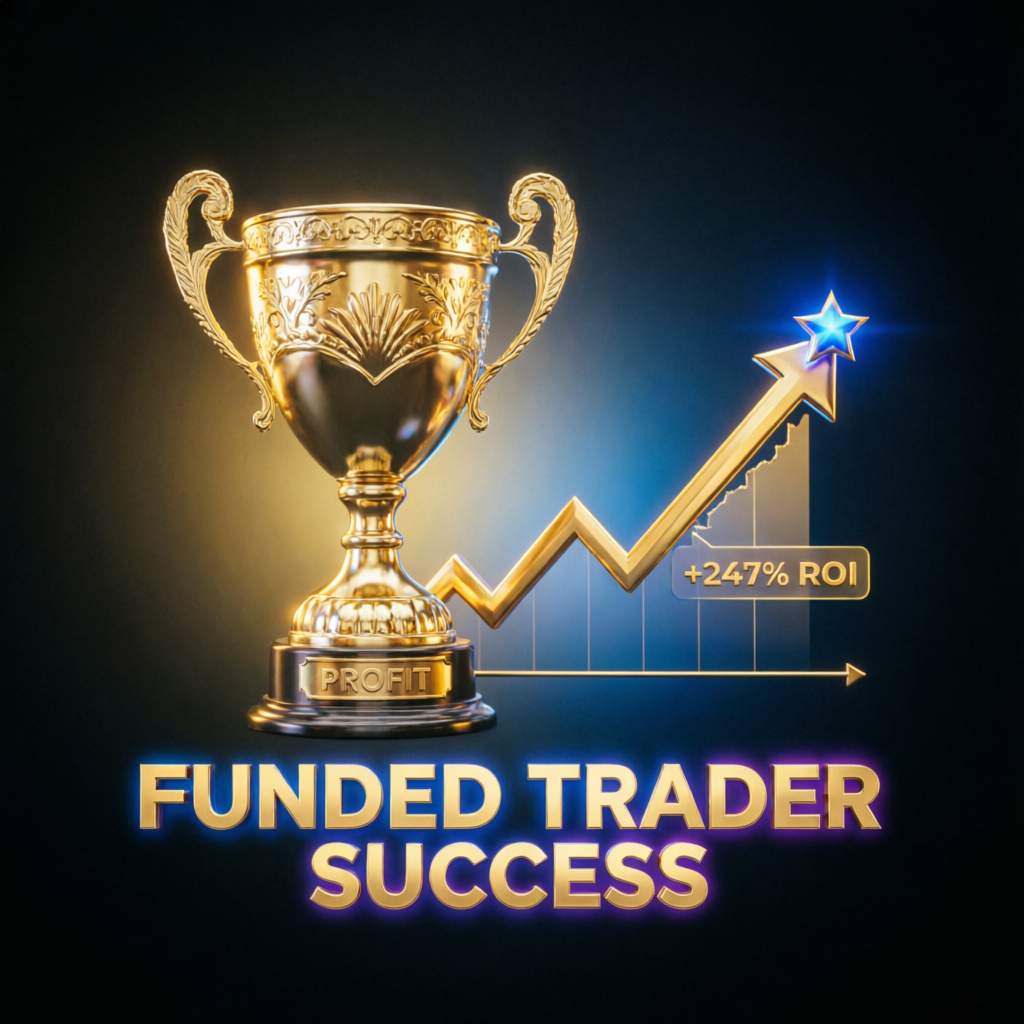 Funded trader success trophy with profit growth chart