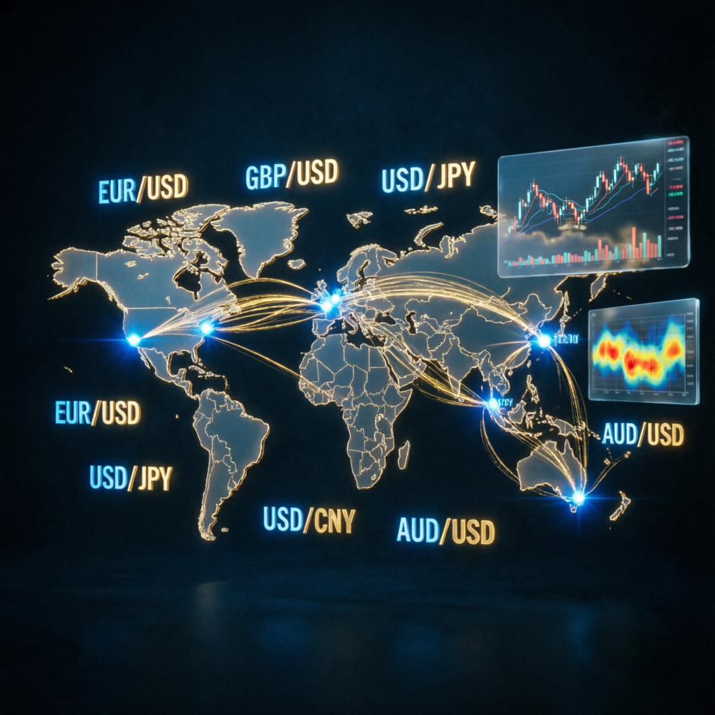 Global forex market visualization with currency pairs and trading charts