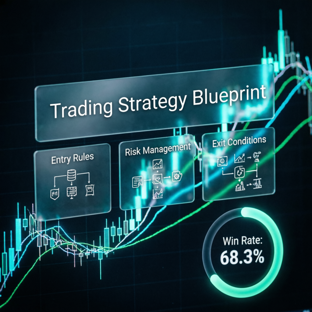 Trading strategy blueprint showing entry rules, risk management, and exit conditions
