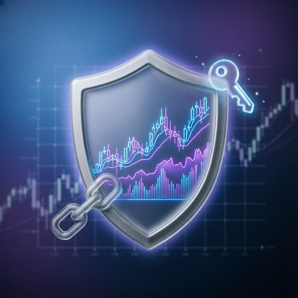 Risk management shield protecting trading account with chart visualization