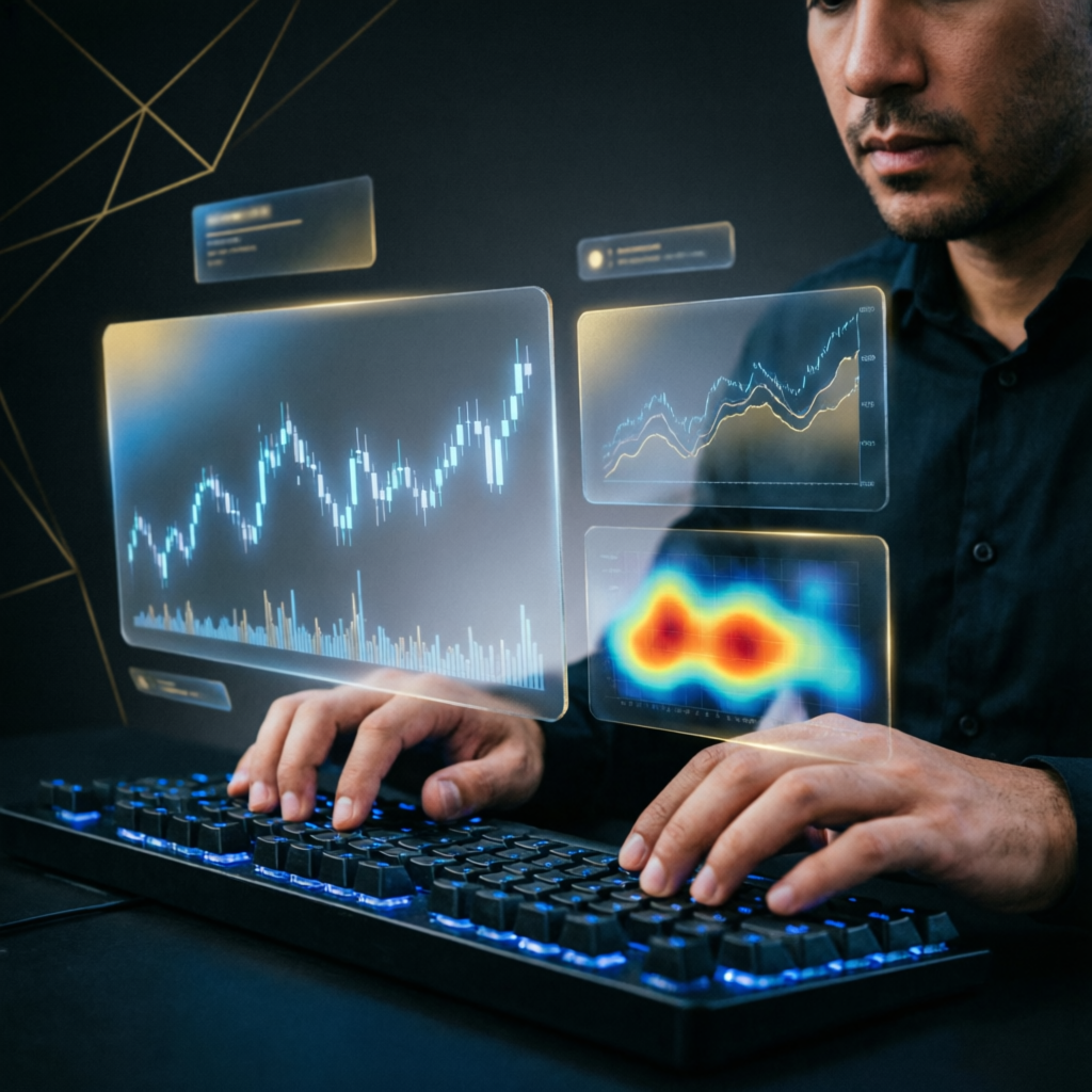 Professional trader managing Apex funded account with holographic charts