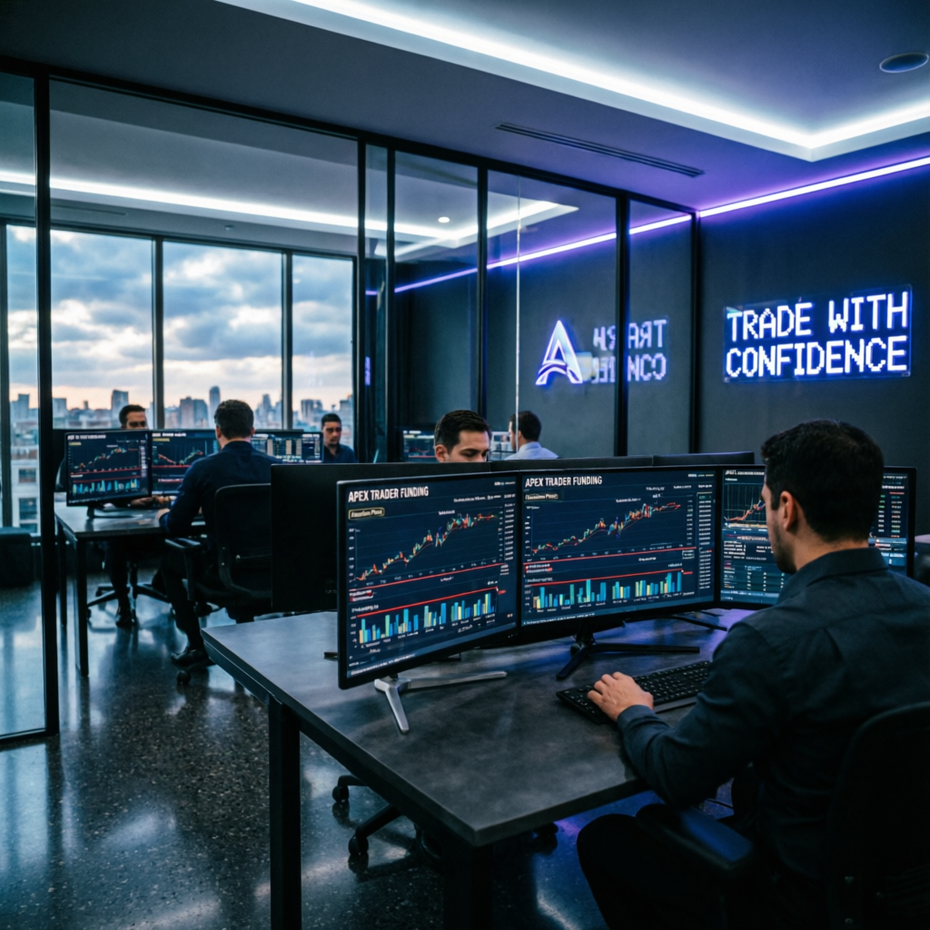 Professional trading floor with multiple monitors showing Apex Trader Funding evaluations