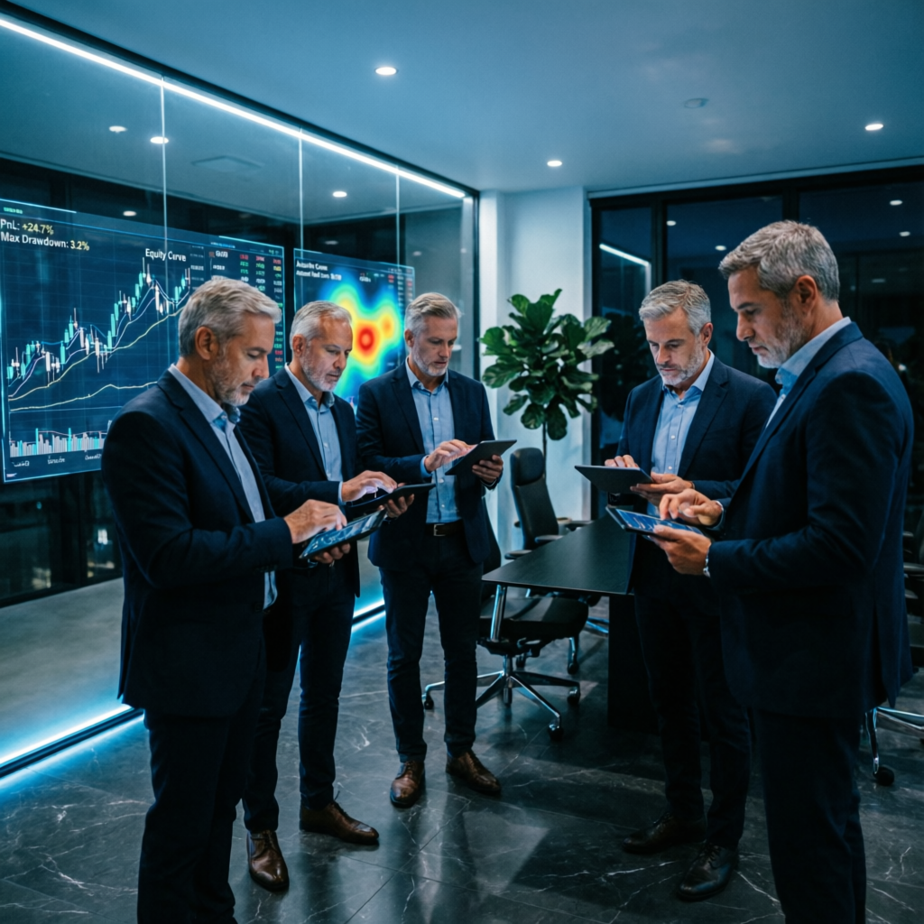 Professional trading team reviewing Apex funded account performance metrics