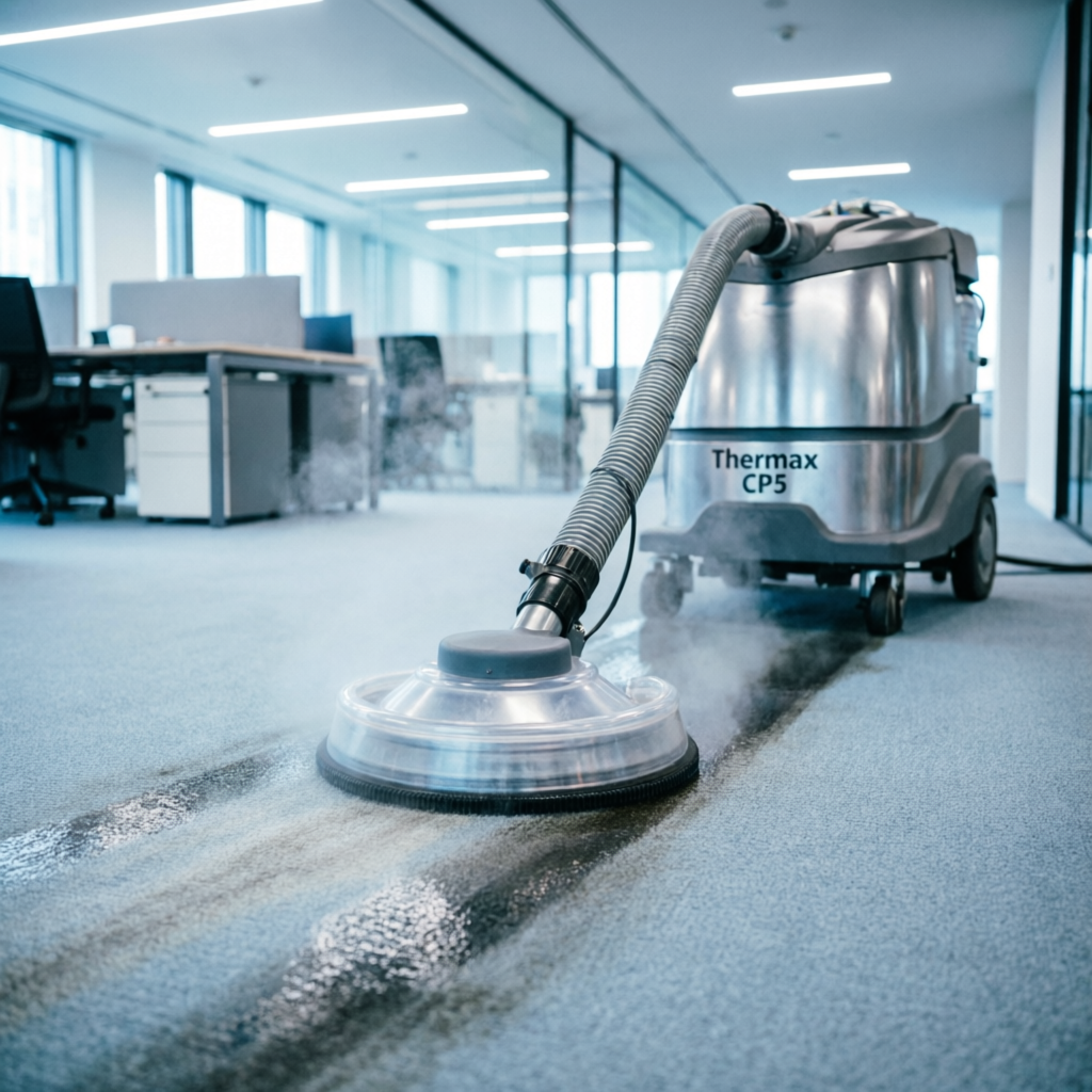 Piso en alfombra comercial siendo limpiado