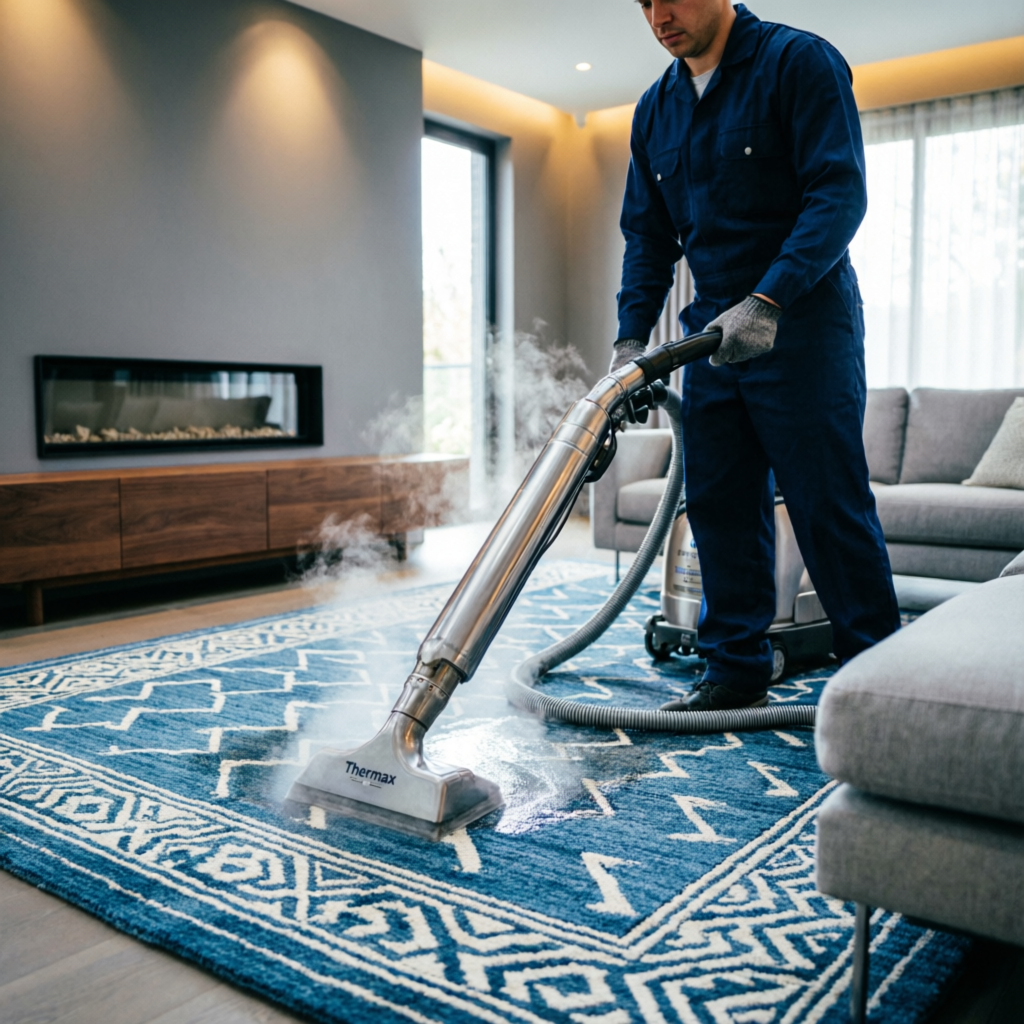 Alfombra grande de 7-10 ft siendo limpiada con sistema profesional