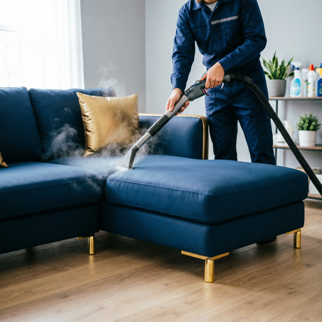 Sofá seccional en forma de L siendo limpiado con máquina profesional