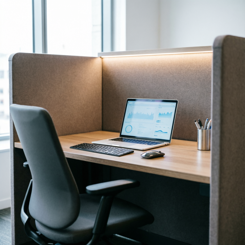 Cubículo de oficina siendo limpiado profesionalmente