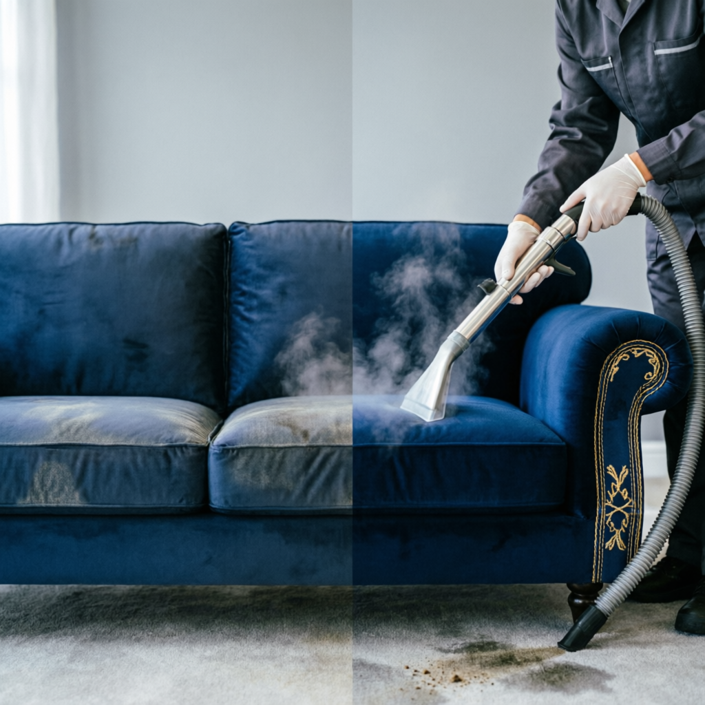 Sofá de 3 puestos siendo limpiado con tecnología de vapor profesional