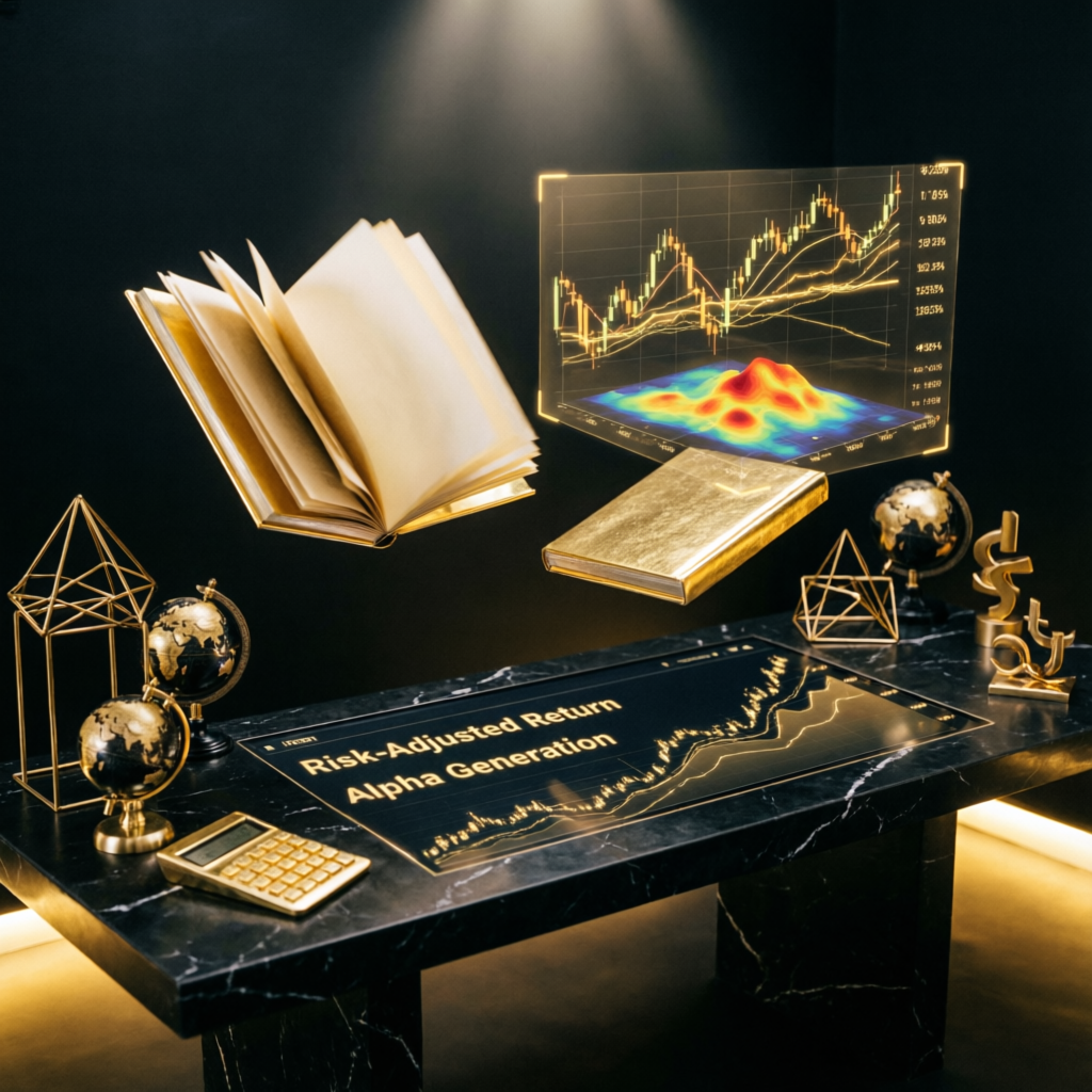 Premium trading education with golden books and financial charts
