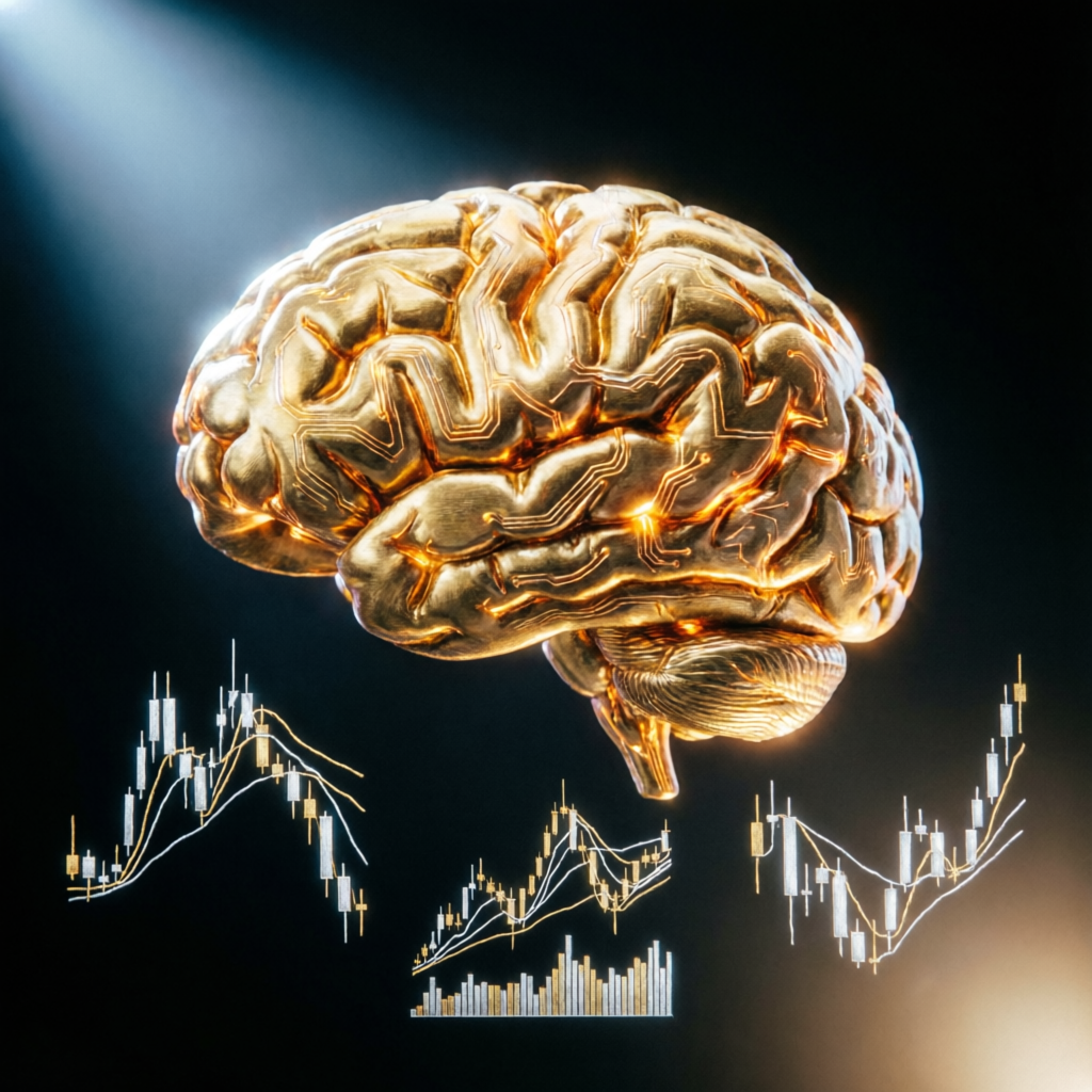 Trading psychology concept with golden brain and chart patterns