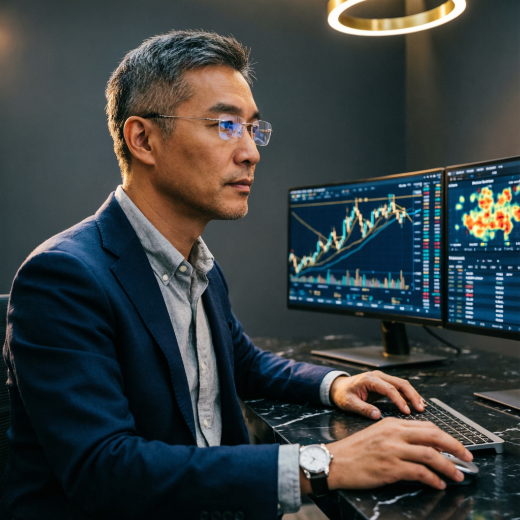 Professional forex trader analyzing Topstep Trading Combine charts on multiple monitors